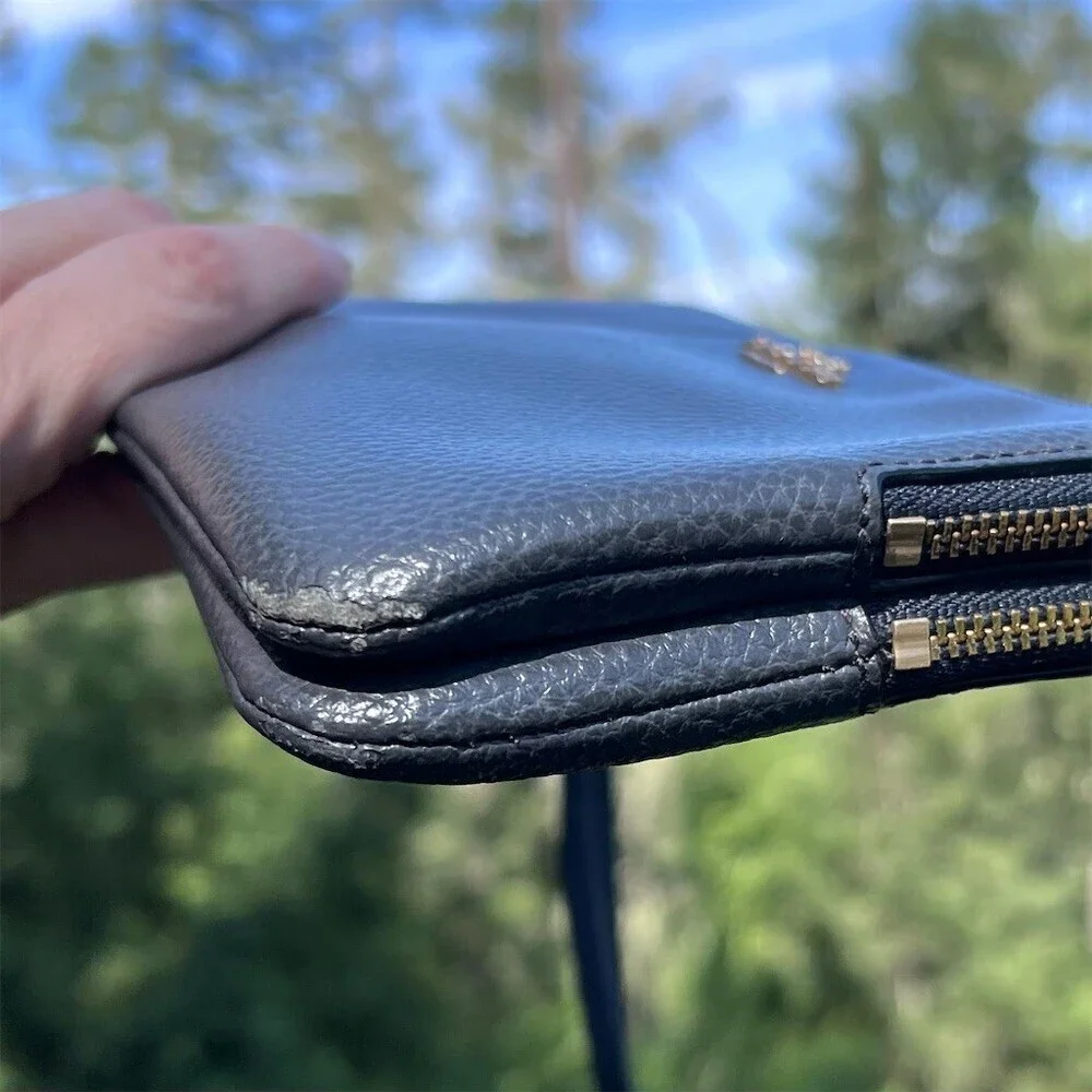 COACH Navy Blue Pebble Leather Phone Wallet Wristlet Case Pouch Clutch AUTHENTIC